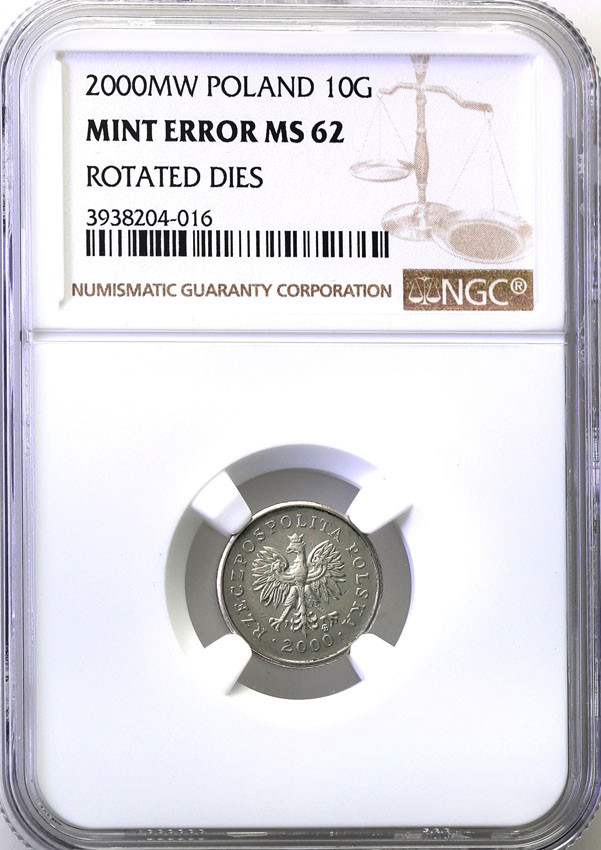 III RP. 10 groszy 2000 NGC MINT ERROR NGC MS62 - skrętka